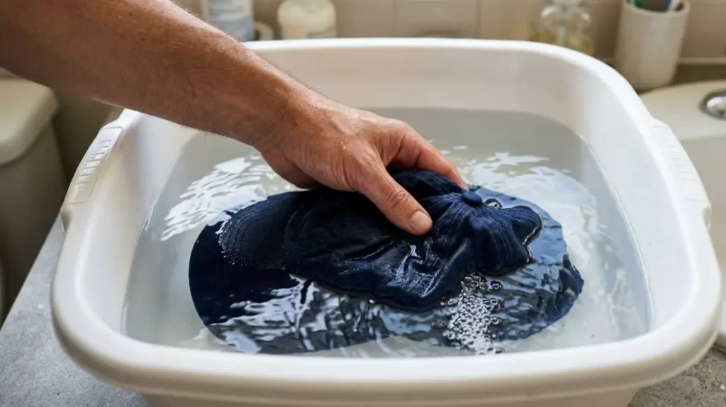 Fixing baseball cap with luke warm water