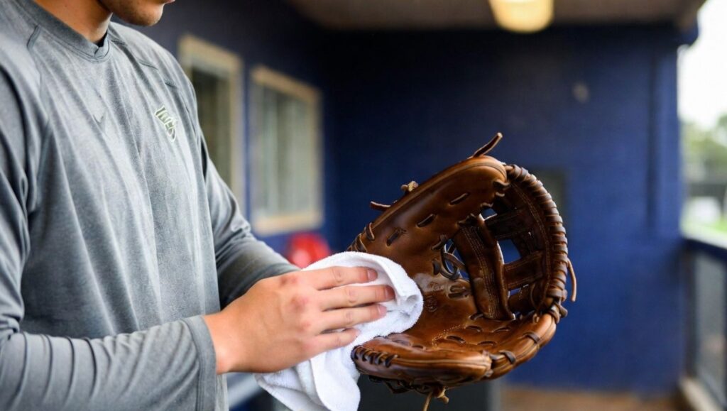 A baseball player wipes a glove with a towel in an indoor sports facility,