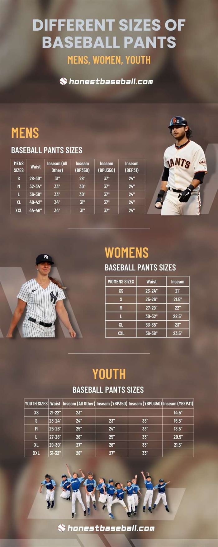 Different Sizes Of Baseball Pants for Men, Women, and Youth