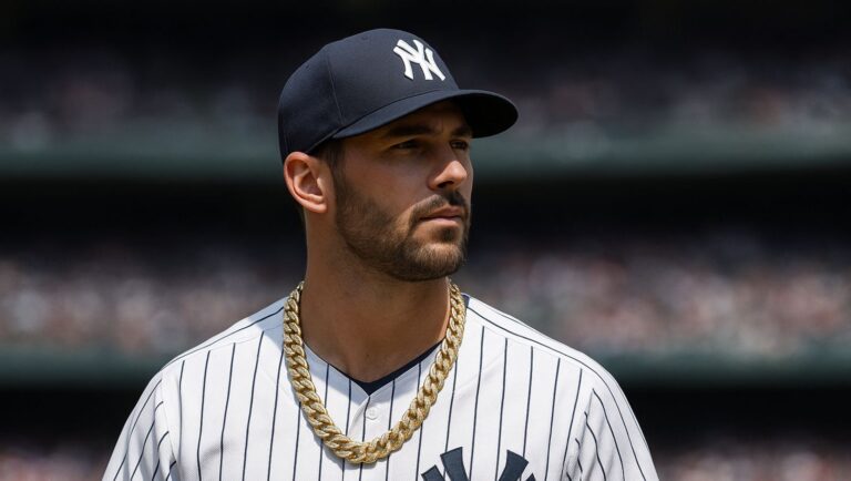 A baseball player wearing chains