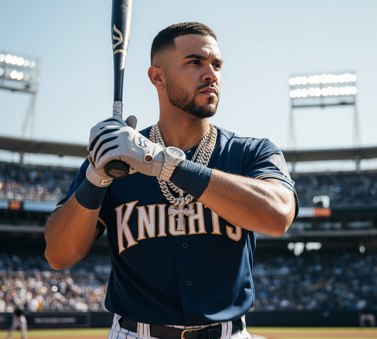 A baseball player wearing chains