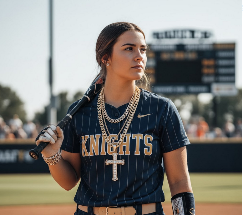 ttractive softball player wearing baseball chians as style