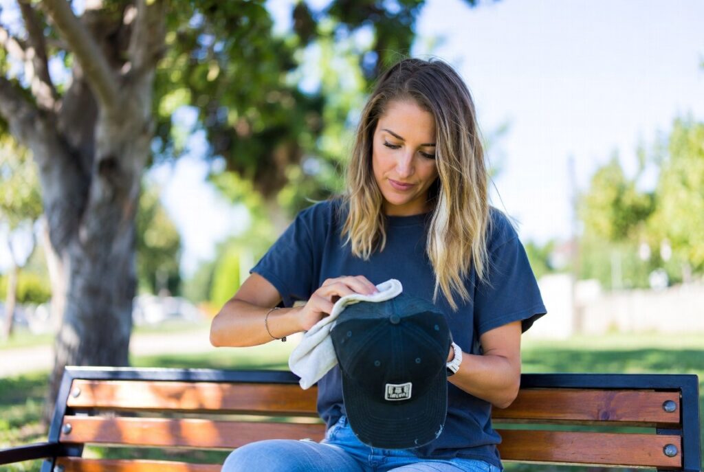 A softball player cleaing baseball hat