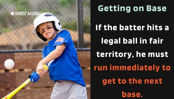 If the batter hits a legal ball in fair territory, he must run immediately to get to the next base