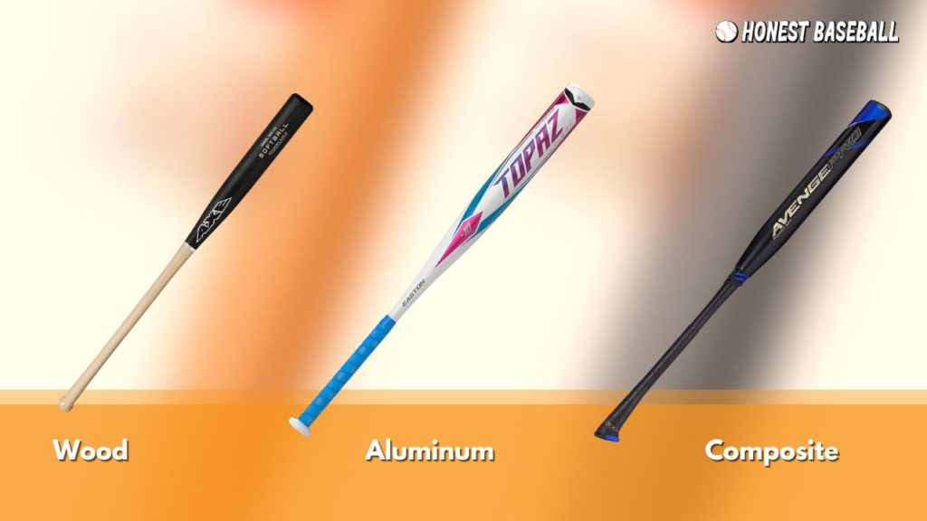 Softball bats are made with different materials including wood, aluminum and composite. 