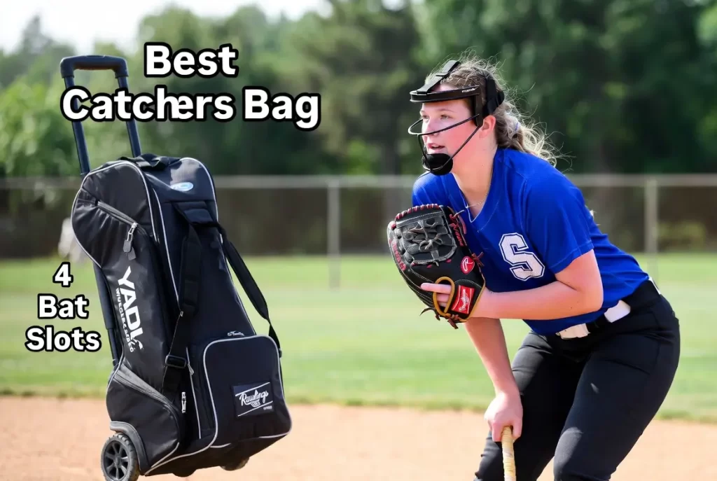 A softball player with Rawlings YADI Wheeled Catcher's Bag Best Catchers Bag with 4 Bat Slots