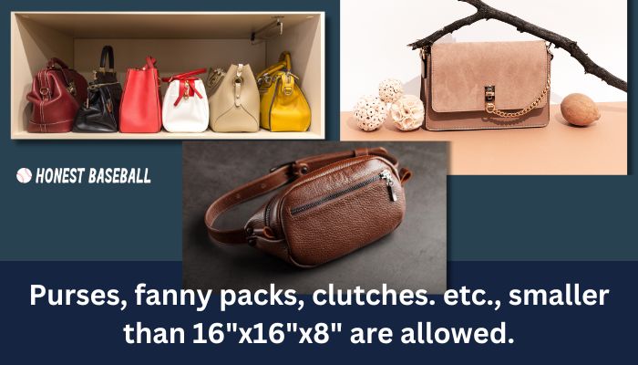 Purses, fanny packs, clutches. etc., smaller than 16-inch x16-inch x8-inch are allowed