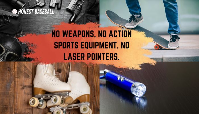 No Weapons, No action sports equipment, no laser pointers