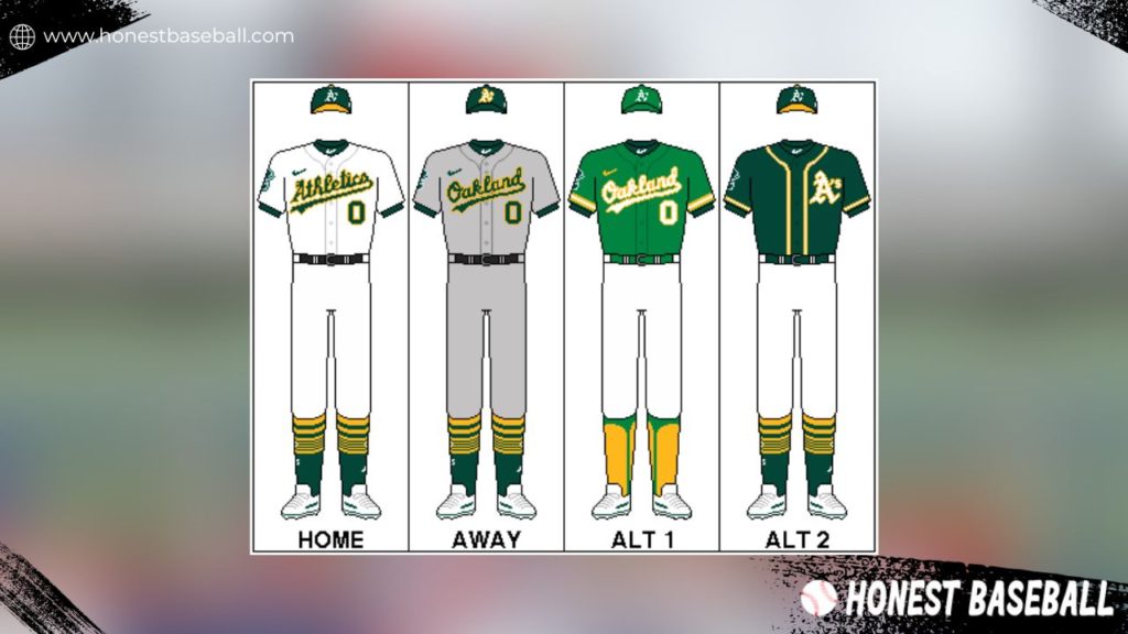 Oakland Athletics_ team uniforms for home, away, ALT, and city