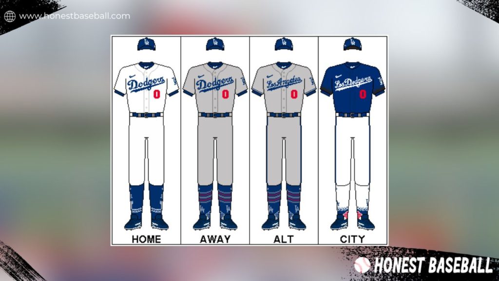 Los Angeles Dodgers’ team uniforms for home, away, ALT, and city