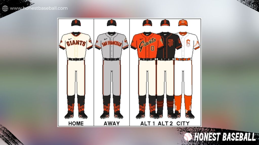 San Francisco Giants’ team uniforms for home, away, ALT, and city
