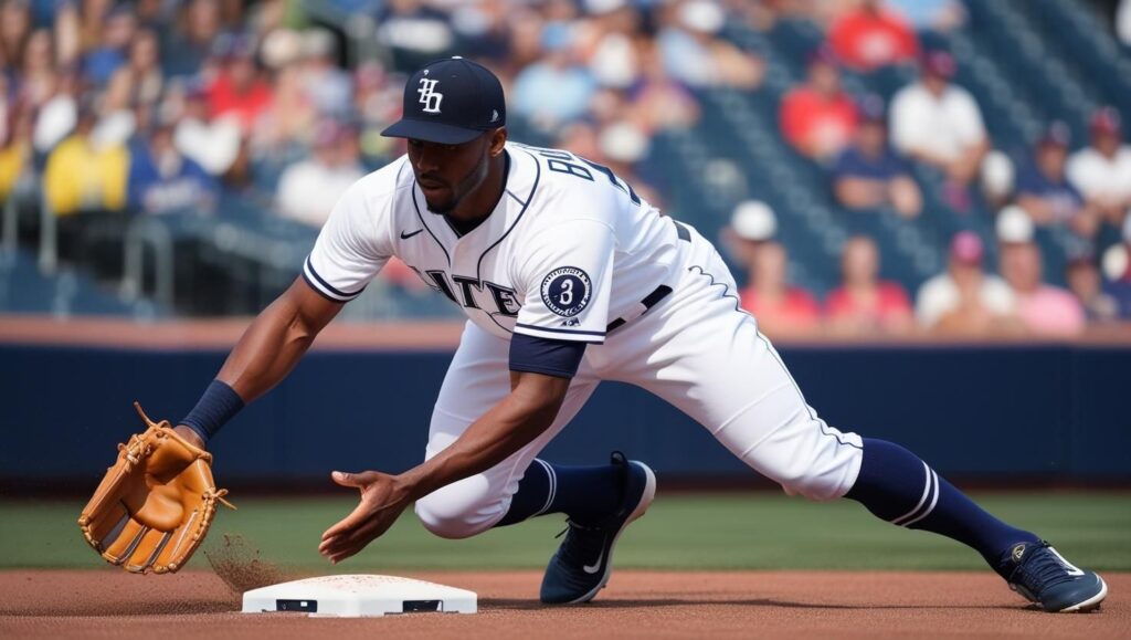 A baseball player with first base mitt 