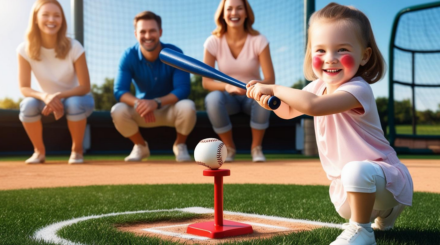 A small girl is trying to hit a baseball ball 