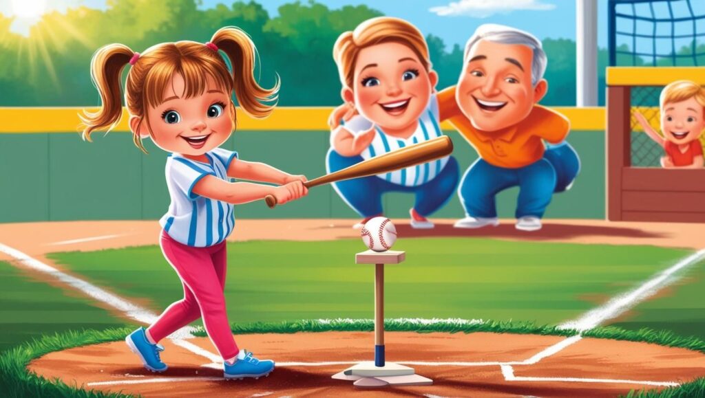 A small girl is trying to hit the baseball ball from the baseball tee