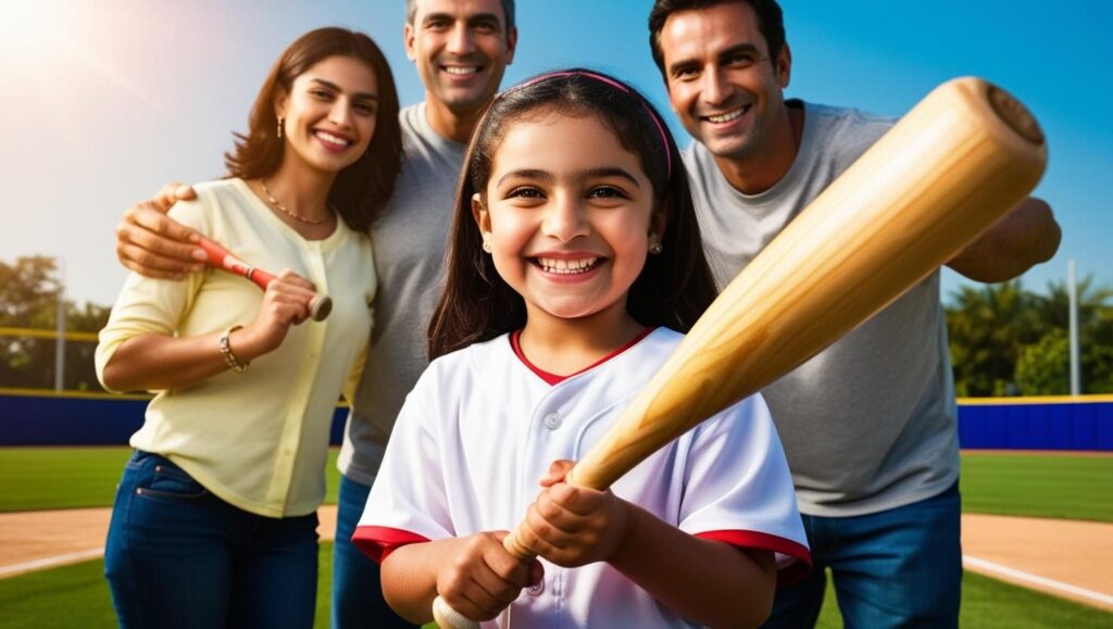 A baseball girl with baseball bat and parents are happy 