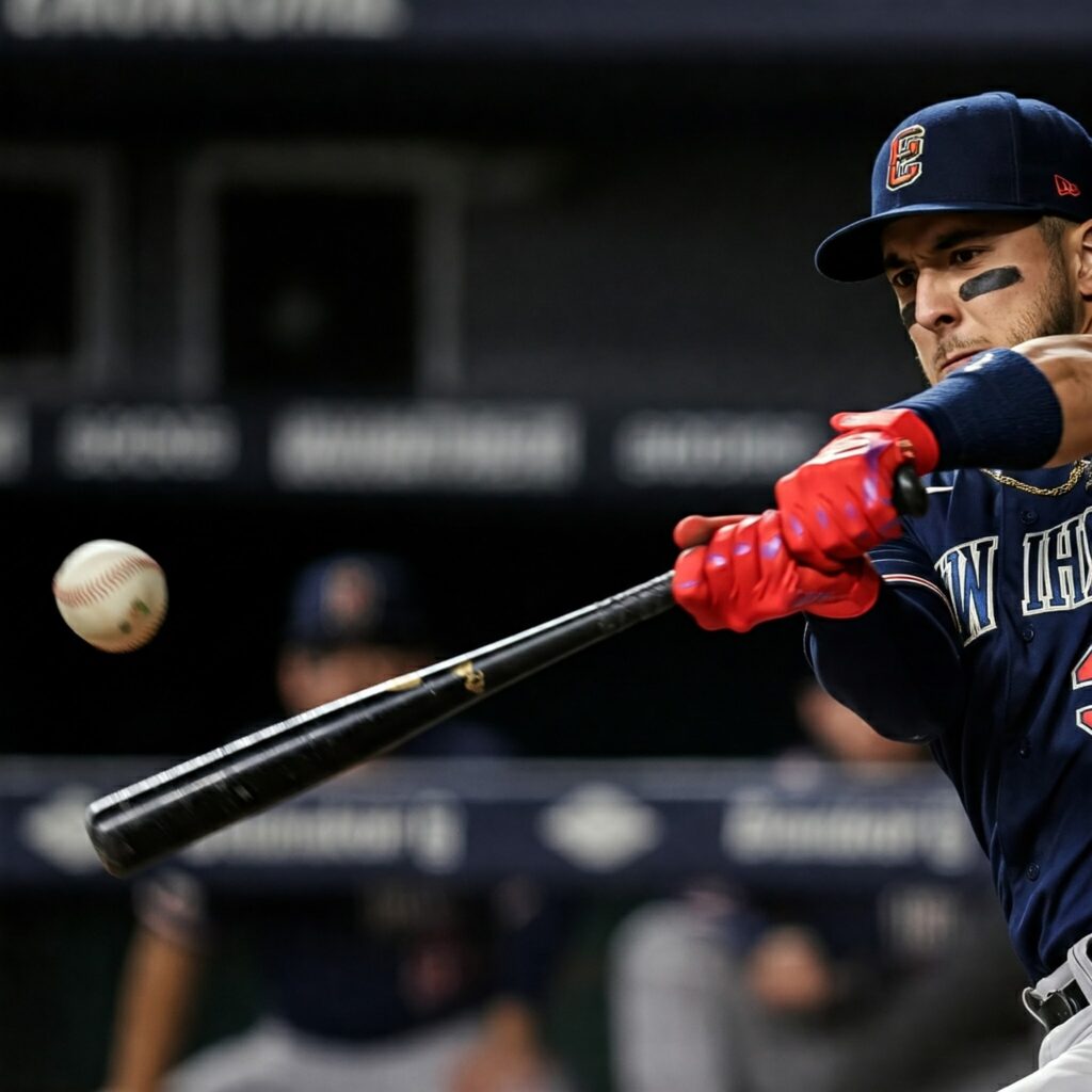 A basebll player hitting a baseball ball with great speed 