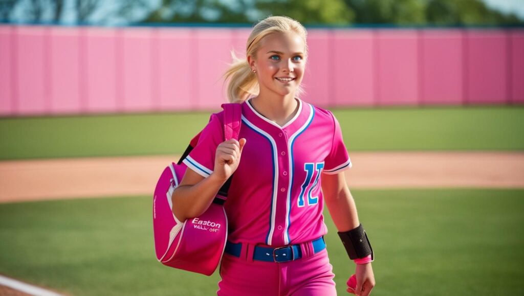 A softball player with Easton bag 