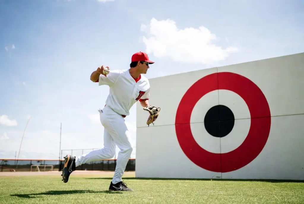 A baseball player throwing baseball to wall