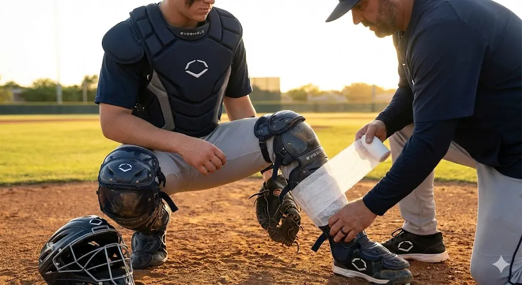 coach helping for leg gaurd