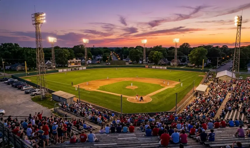 Small town minor league baseball stadium at sunset filled with fans
