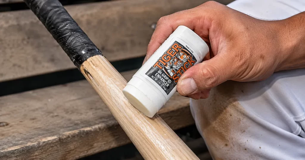 Baseball player rubbing Tiger Stick grip enhancer onto the taper of a raw wood bat