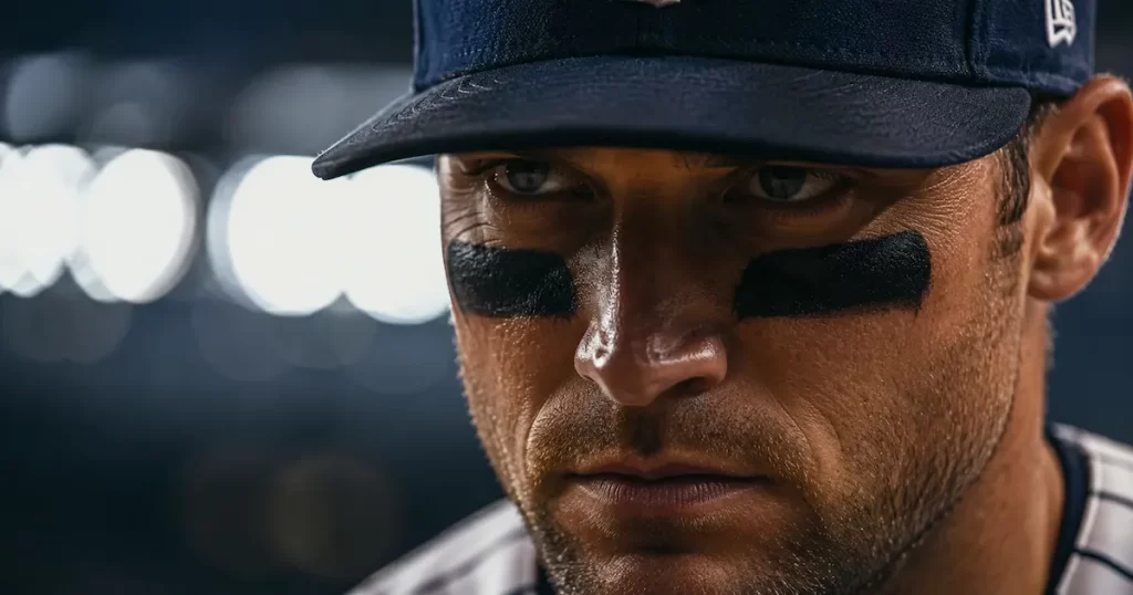 Baseball player wearing dark eye black on cheekbones to reduce sun glare