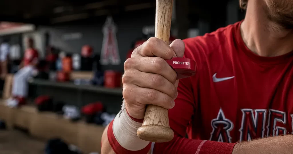 Close up of a baseball player using a red PROHITTER batting aid thumb guard on a bat