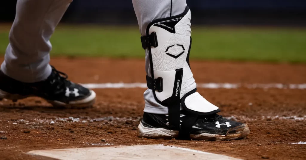 EvoShield PRO-SRZ custom molding batter's leg and ankle guard in the batter's box