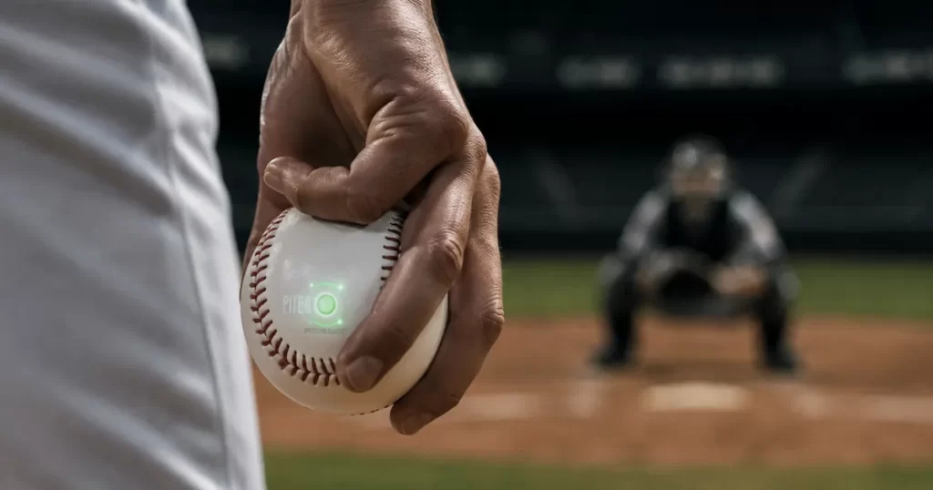 PitchLogic smart baseball with internal sensors held in a pitching grip